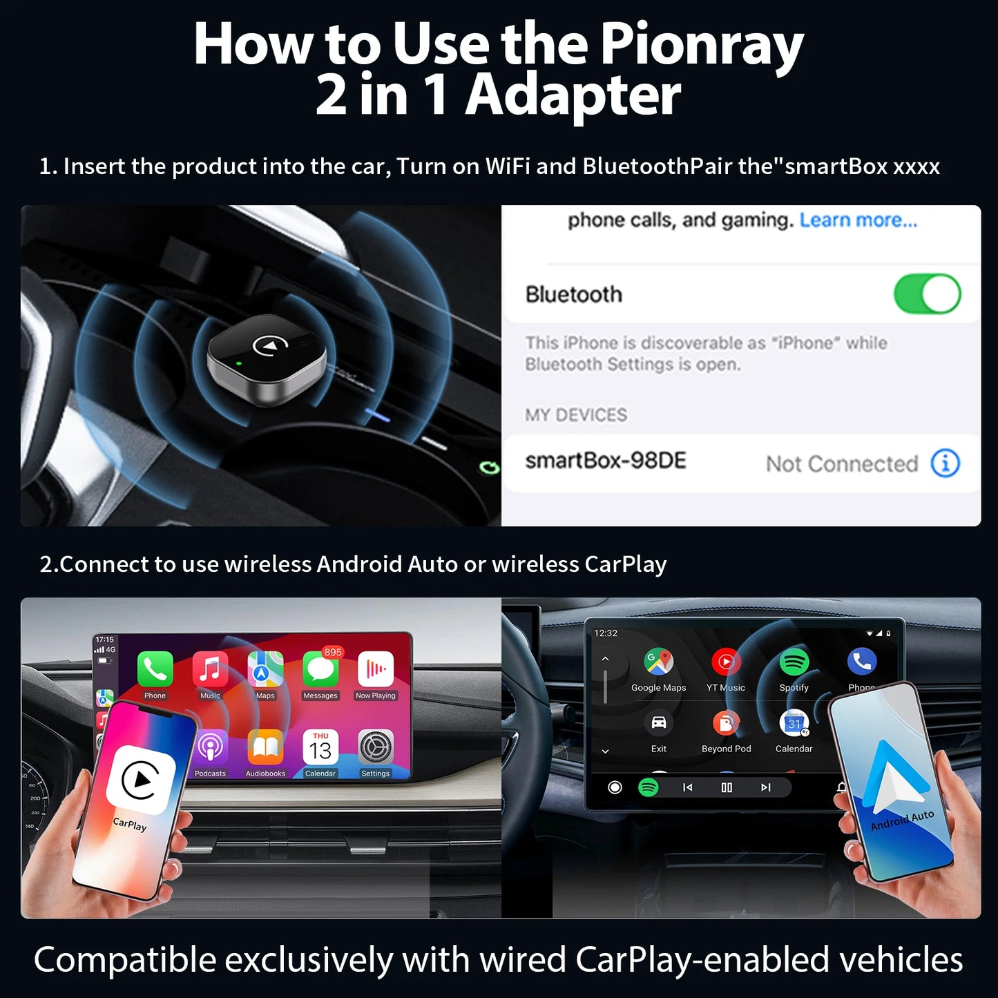adaptateur car play et android  2 en 1 sans fil 